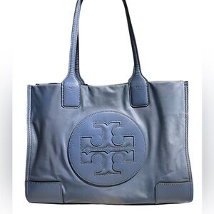 Tory Burch Ella Tote Handbag Medium Blue Nylon Leather Trim Authentic